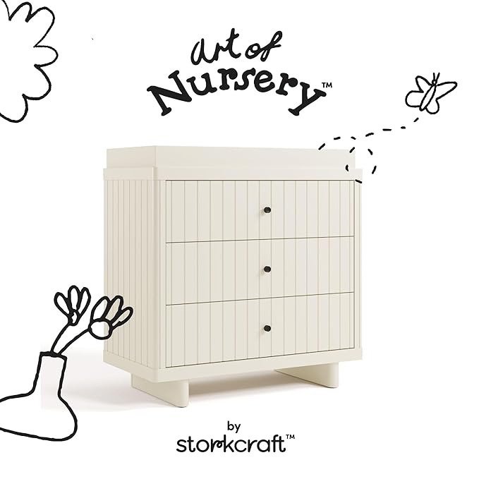 Storkcraft Kyoto 3 Drawer Chest with Topper (Frosted Oat) - GREENGUARD Gold Certified, Nursery & Kids' Bedroom Wood Chest, Interlocking Drawer System, and Easy Assembly with Pre-Installed Tracks