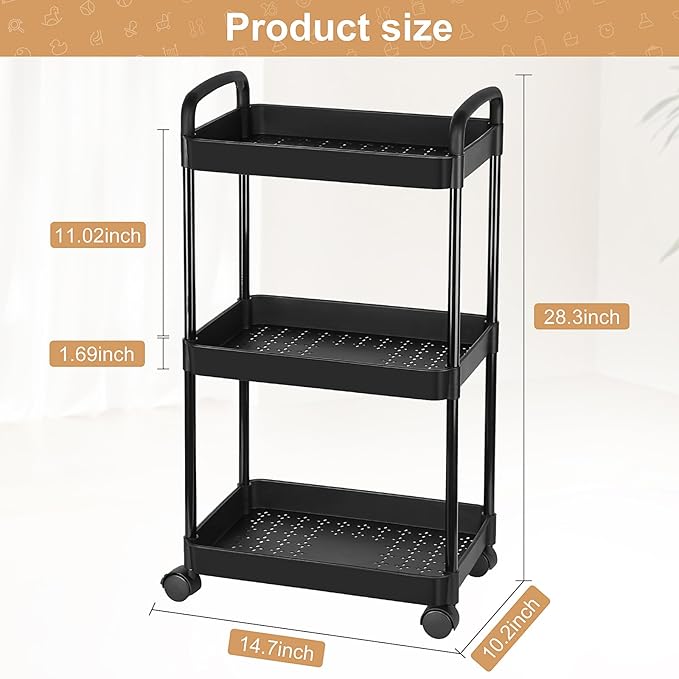 Barydat Baby Diaper Cart 3-Tier Movable Diaper Caddy Organizer Rolling Plastic with Wheels Black Essentials Baby Storage Organizer for Hanging Table Crib Bedroom Bathroom