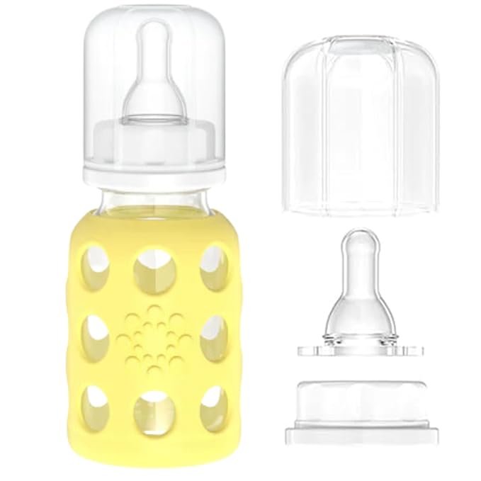 Lifefactory Glass Baby Bottle BPA Free | Protective Silicone Sleeve | 4 oz Pack of 2 | Cantaloupe, Banana