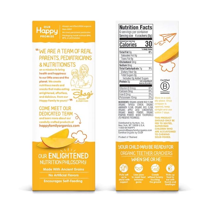 Happy Baby Organics Baby Snacks, Gentle Teething Crackers, Gluten Free & Vegan, Mango & Pumpkin, 12 Count (Pack of 6)