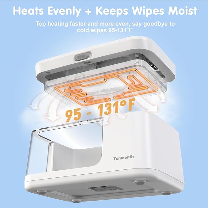 Baby Wipe Warmer Baby Wet Wipes Dispenser, Tenmonth Diaper Wipe Warmer with LED Light & Transparent Viewing Window, Adjustable 95℉-131℉, 1.5 Meter Plug Cord