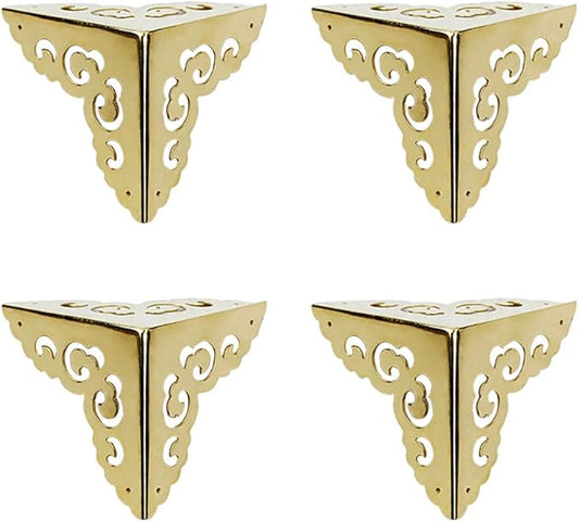4Pcs Vintage Pure Brass Hollow Cloud Pattern Corner Protectors Antique Hardware Desk Edge Wooden Jewelry Gift Box Cabinet Three Sides Full Encase Corner Guard (Gold)