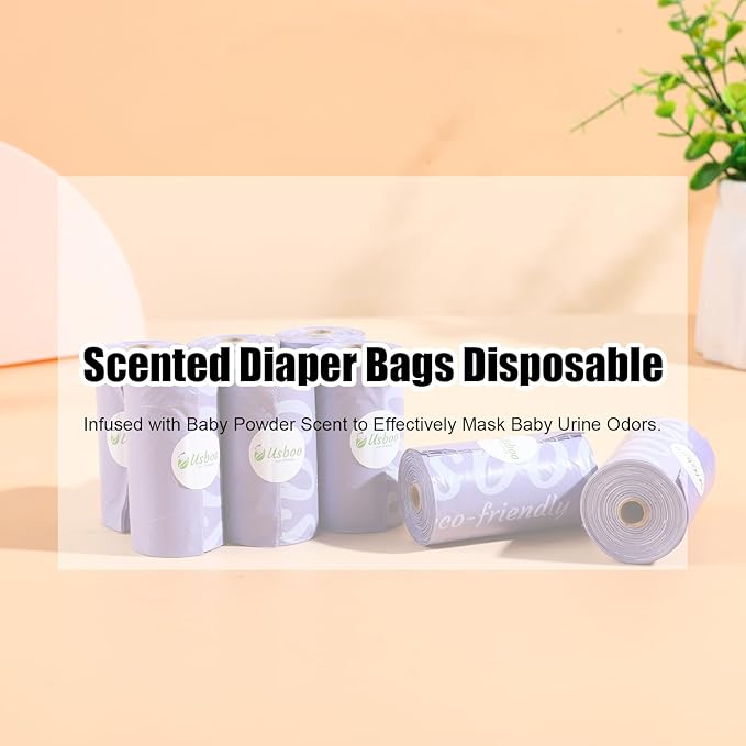 USBOO Disposable Diaper Bags for Baby | 8 Refill Rolls (120 Pack) | Lavender Scented | Baby Poop Bags with Dispenser | Essential for Travel and Quick Change on The Go