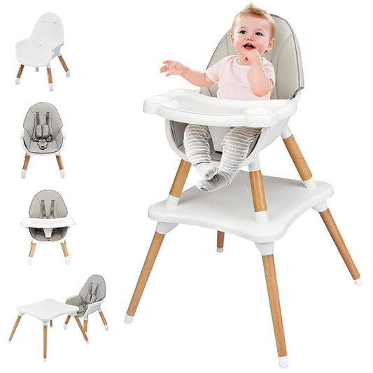 S AFSTAR 5 in 1 Baby High Chair, Convertible High Chairs for Babies and Toddlers, Toddler Chair and Table Set w/ 5-Point Safety Belt, Double Food Trays, PU Cushion, Gray