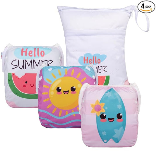 ALVABABY 3pcs Baby Swim Diapers with 1pcs Wet Bag Reuseable Washable & Adjustable for Swimming Lesson & Baby Boy and Girl 3YKL08