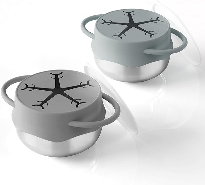 Baby Snack Containers Stainless Steel Snack Cups for Toddler Silicone Spill Proof Lids Handles 2 Pack Kids Travel Food Bowls Box Container Dishwasher Safe (Dark Grey+Light Grey)