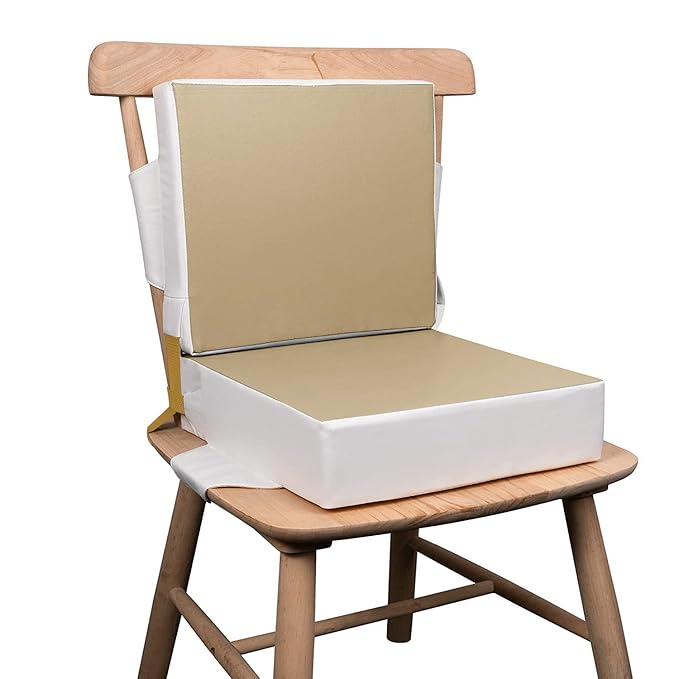 Booster Seat for Kitchen Chair - Toddler Booster Seat for Dining Table - PU Washable Double-Safety Straps with Buckle, Kids Portable Outdoor Booster Seat (Khaki)