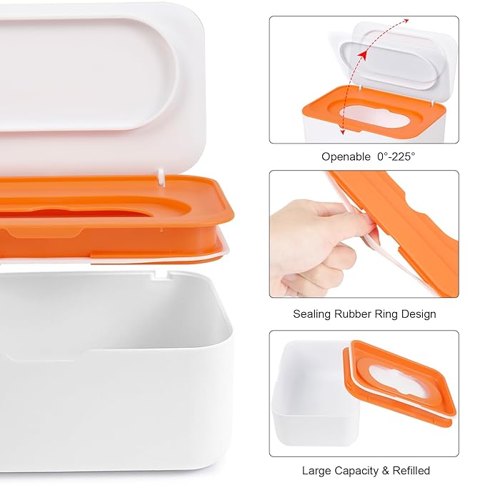 2Pcs Wipe Dispenser, Reusable Baby Wipe Holder Refillable Wipes Container, Easy Open & Close Wipes Pouch Case with Lid for Bathroom Baby Nursery Kitchen Office Travel (Orange/Gray)
