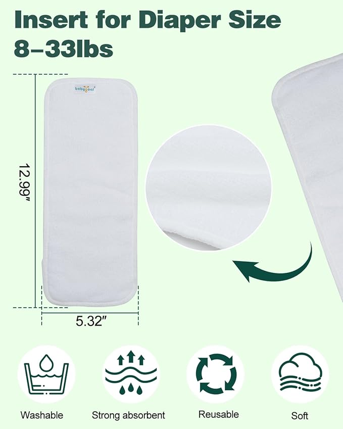 Babygoal Reusable Cloth Diaper Inserts Pack of 12, Absorbent & Breathable Liners, 3-Layer Microfiber Inserts for Cloth Diapers