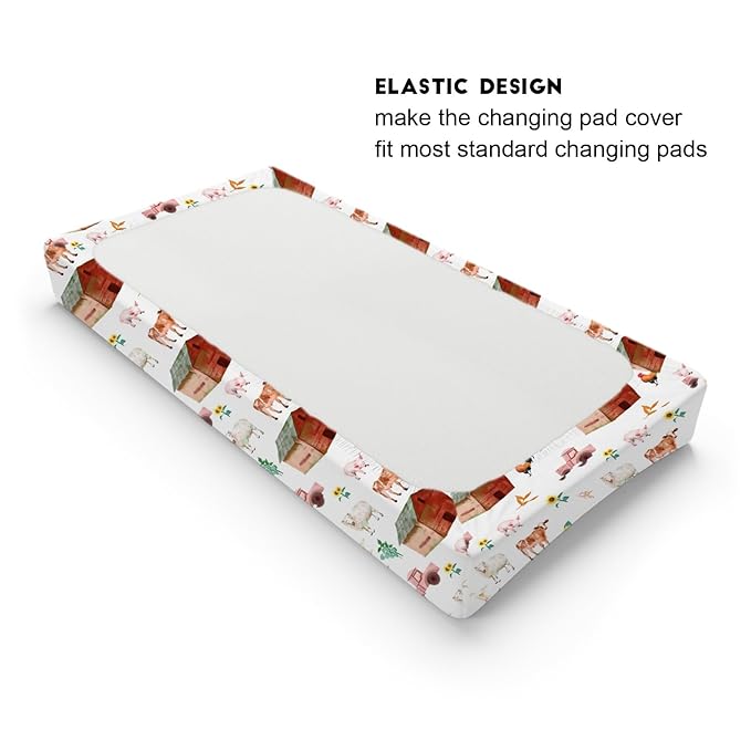 Watercolor Farm Animals Changing Pad Cover Barn Cow Lamb Chicken Pig Hen Duck Tractor Diaper Change Table Cover Sheets for Boys Girls Soft Stretchy Fitted Changing Mat Sheets 32''x16''