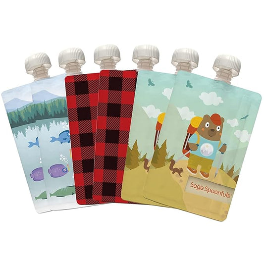 Sage Spoonfuls Reusable Baby Food Pouches - 6 Pack, Baby Food Storage, Pouches Toddler, Refillable Squeeze Pouch for Kids (Camping), Dishwasher and Freezer Safe, BPA Free