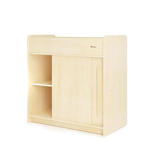 Foundations SafeGlide Daycare Changing Table, Durable Wood Construction, Built-in Shelving for Ample Storage, Gliding Doors, Adjustable Safety Strap, Includes Foam Mattress Pad (Natural)