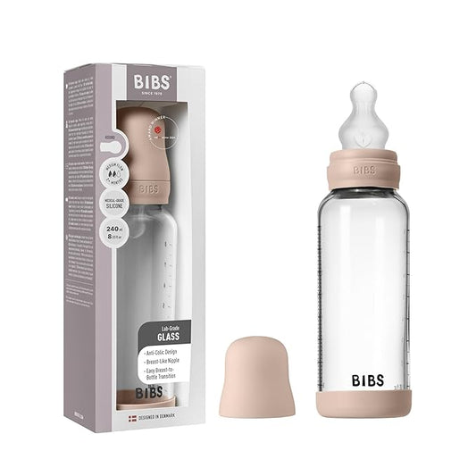 BIBS Baby Glass Bottle. 8 US fl oz / 240 ml. Anti-Colic. Vented Round Silicone Nipple. Supports Natural Breastfeeding, Medium Flow, Complete Set - Blush