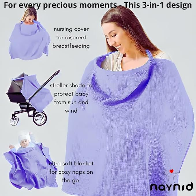 Nursing Cover – 100% Cotton Muslin, Snap Buttons, Rigid Neckline, Lightweight, Breathable, with Carry Pouch