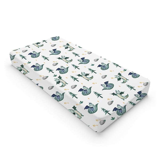 Fairy Tale Dragon Trees Stars Changing Pad Covers Watercolor Dragons Diaper Changing Table Cover Sheets for Boy Girl Soft Stretchy Snug Fitted Baby Changing Pad Mats 32''x16'' Green