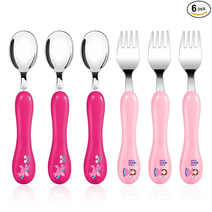 Lehoo Castle Toddler Fork and Spoon, 6pcs Kids Utensils, Safe Stainless Steel Toddler Silverware Set, Children Flatware Set, Incudes 3 Spoons and 3 Forks (Pink)
