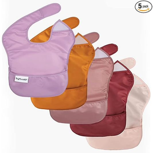 Tiny Twinkle Mess-Proof Baby Bib - Waterproof Bib for Baby Boy or Girl - Machine Washable, Adjustable Closure - PVC, BPA & Phthalate Free - Great for Travel - Baby Food Bibs (5 Pack, Girl Solids)