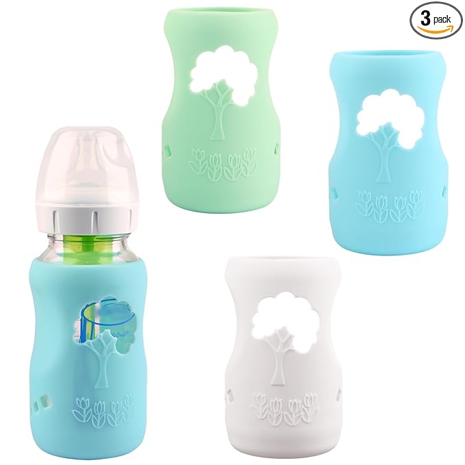 3 Pack Silicone Sleeves for Dr. Brown's Natural Glass Baby Bottles, Anti Breakage Baby Bottle Holder, Compatible Dr. Brown Wide-Neck Glass Baby Bottles 9 oz (White+Blue+Green)