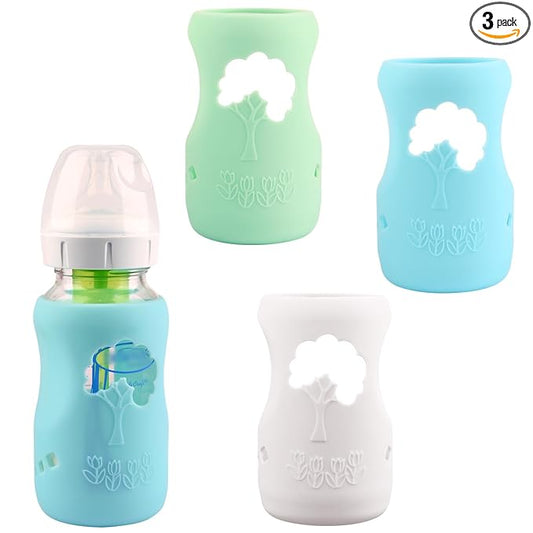 3 Pack Silicone Sleeves for Dr. Brown's Natural Glass Baby Bottles, Anti Breakage Baby Bottle Holder, Compatible Dr. Brown Wide-Neck Glass Baby Bottles 9 oz (White+Blue+Green)