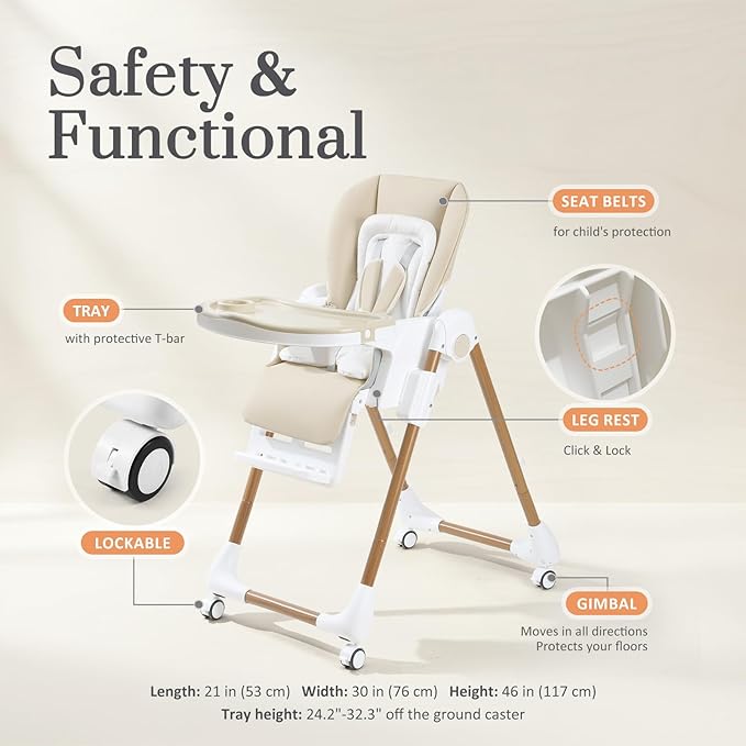 Mallify Foldable High Chairs for Babies and Toddlers, 3-in-1 Convertible Baby High Chair with Removable Soft Cushion and Tray, Adjustable Height & Recline, Lockable Wheels, Cream