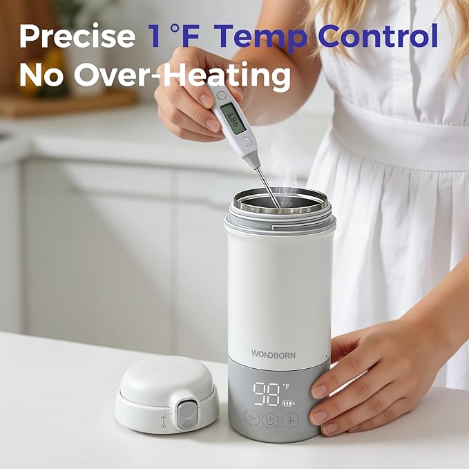 Portable Bottle Warmer for Travel, Dishwasher Safe, 3X Faster & Even Heating, 8 Feeds per Charge, 17oz, 1℉ Precise Adjust, Thaw, Keep Warm, Use While Charging, for Breastmilk & Formula