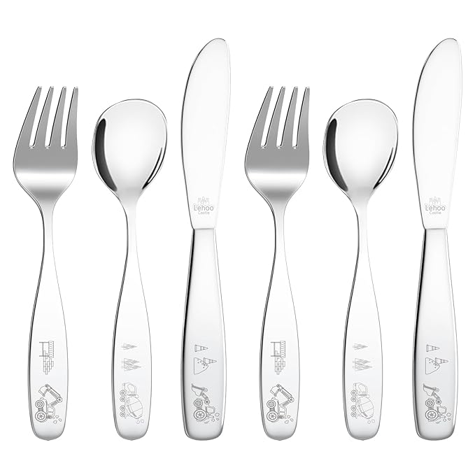 Lehoo Castle Kids Silverware 6-Piece | Toddler Utensils for 3 Year Old, Toddler Forks and Spoons Knife Set, Children Safe Flatware for Self Feeding (Construction Vehicles)