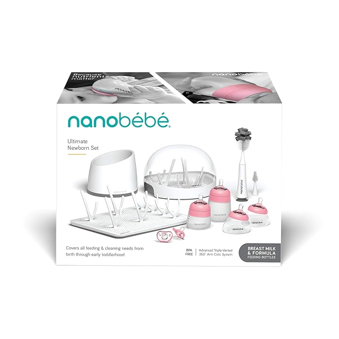 Nanobebe Breastmilk and Silicone Baby Bottle Ultimate Set Gen 2, 5oz and 9oz - with Sterilizer, Drying Rack, Anti-Colic Nipples, Pacifiers, and Warmer - Pink/Grey