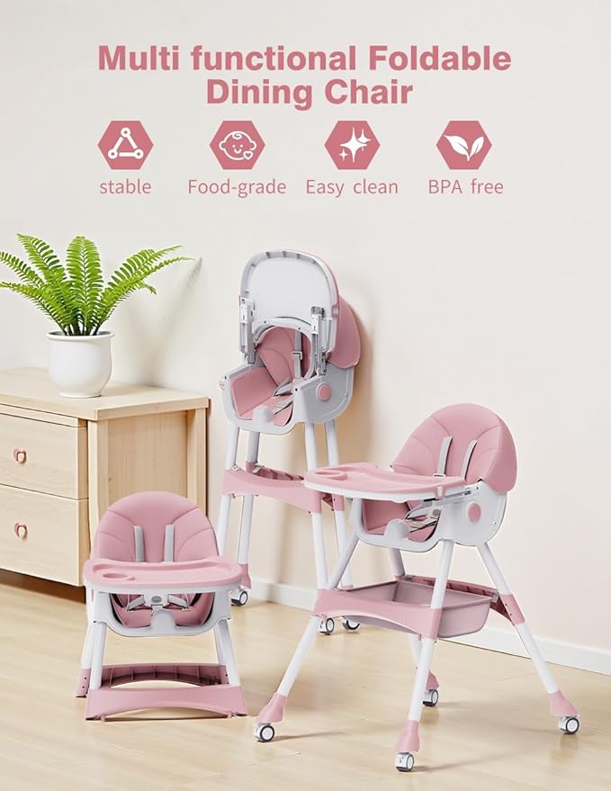 High Chairs for Babies and Toddlers, 4 in 1 Convertible Baby High Chair, Portable High Chair for Travel with Adjustable Height and Back, Foldable HighChair with Wheels& Pu Cushion