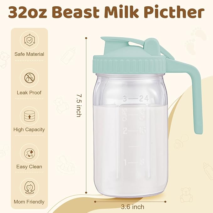 AoeJarry Breast Milk Pitcher with Leak Proof Flip Cap & Pour Spout, 32 oz Wide Mouth Mason Jars for Breast Milk Storage Container, Glass Picther with Lid for Cold Brew Coffee, Sun Tea, Juices, Blue