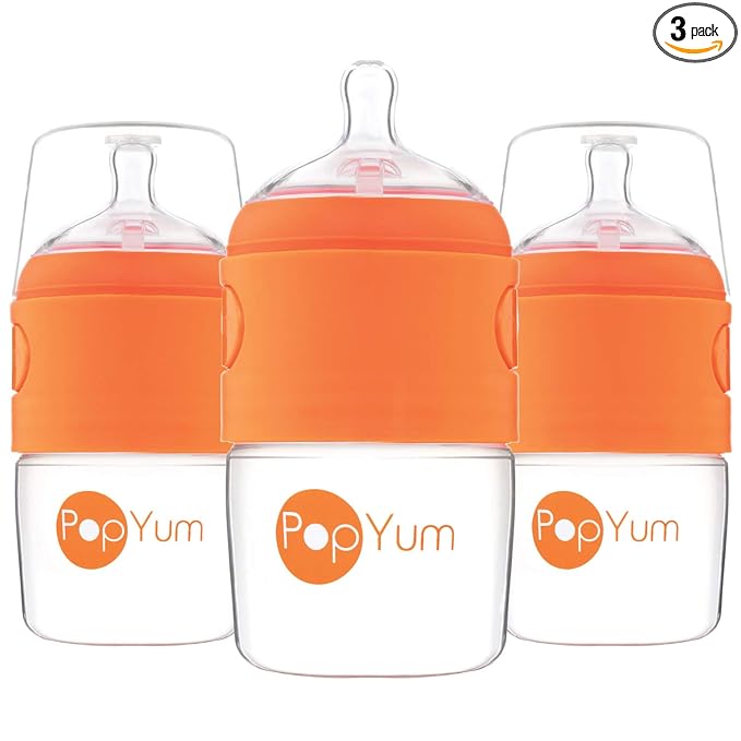 PopYum 5 oz Orange Anti-Colic Formula Making/Mixing/Dispenser Baby Bottles, 3-Pack with #1 Slow Flow Nipples, 150 ml, BPA-Free, Natural Latch