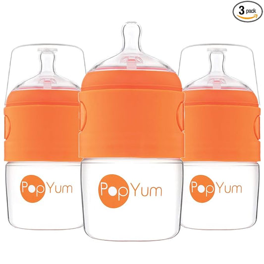 PopYum 5 oz Orange Anti-Colic Formula Making/Mixing/Dispenser Baby Bottles, 3-Pack with #1 Slow Flow Nipples, 150 ml, BPA-Free, Natural Latch