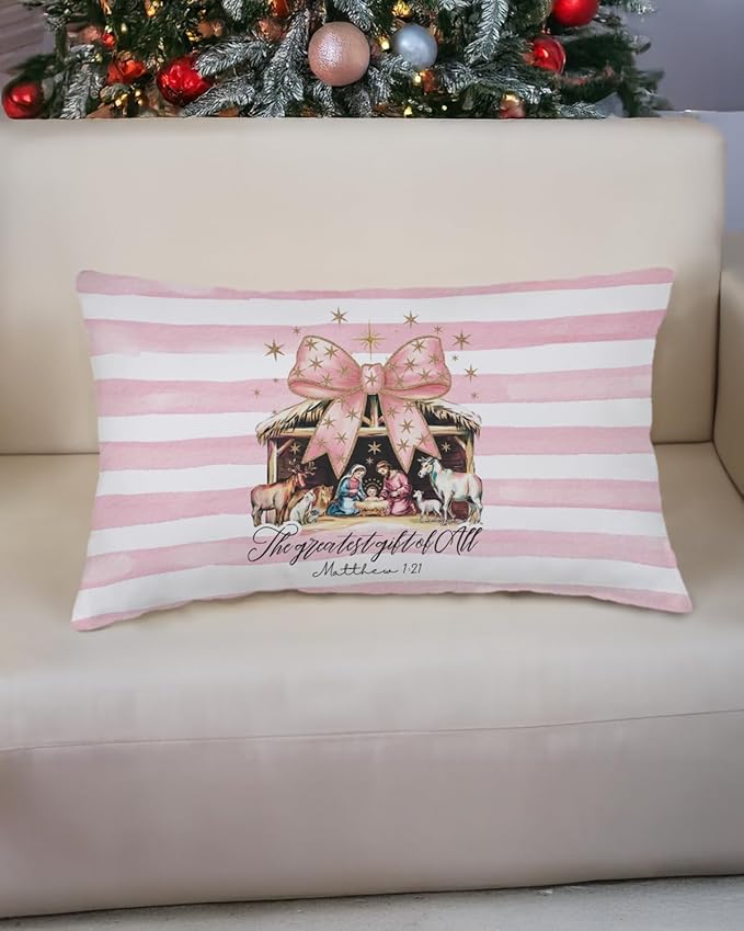 Faith Christmas Pillow Cover 12x20 – Pink Nativity Scene with Bow – Christian Baby Jesus Holiday Throw Pillow for Scripture Decor, Coquette Farmhouse Religious Decorations