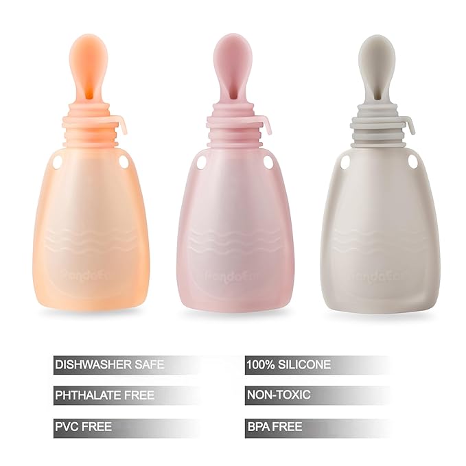PandaEar 3 Pack Reusable Silicone Baby Food Pouches with Spoon Feeder-5.5oz Leak-Proof Squeeze Pouches for Toddler & Infant-Refillable Food Storage for Homemade Puree, Yogurt Cereal-7pc Set Linen/Pink