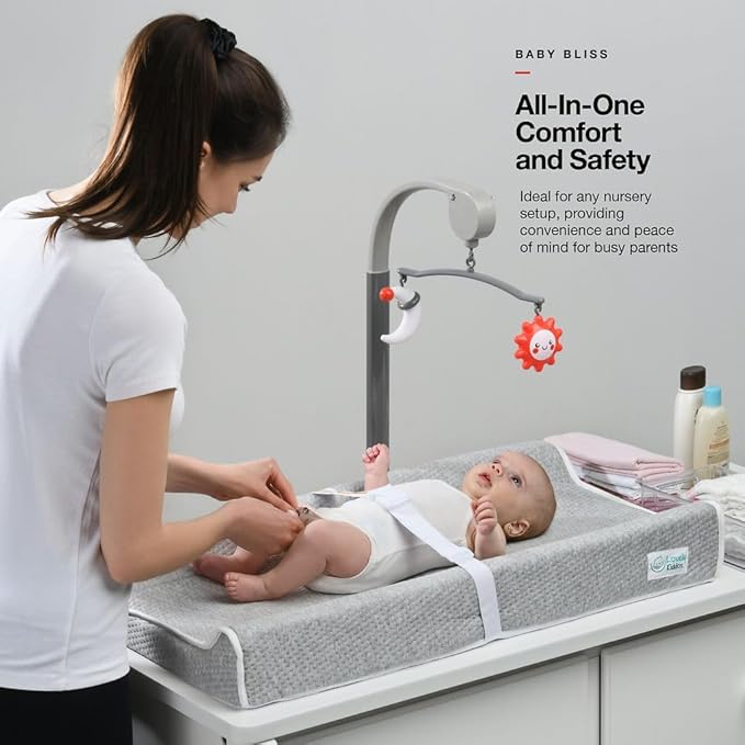 Changing Pad - Foam Contoured Baby Changing Pad for Dresser, Washable Soft & Removable Non-Slip Outer Cover + Inner Waterproof Lining, Bonus Portable Toy Bar with Music Mode Included