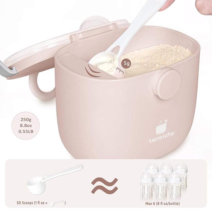 Termichy Baby Formula Dispenser, Portable Milk Powder Dispenser Container with Carry Handle and Scoop for Travel Outdoor Activities with Baby Infant, 8.8OZ, 0.55LB, 250g,500ml (Full Lightpink)