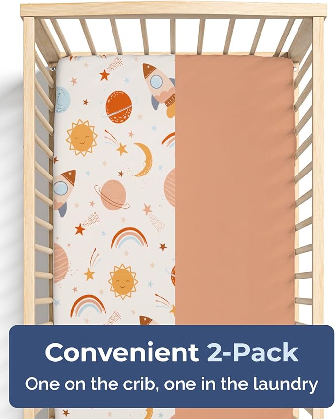 2-Pack Mini Crib Sheets Fitted - Pack N Play Sheets for Pack and Play Mattress - Stretchy Soft Microfiber Playard Bedding - Mini Toddler Bed Cover for Boys & Girls - Oeko-Tex - 38 x 24in, Space Boy