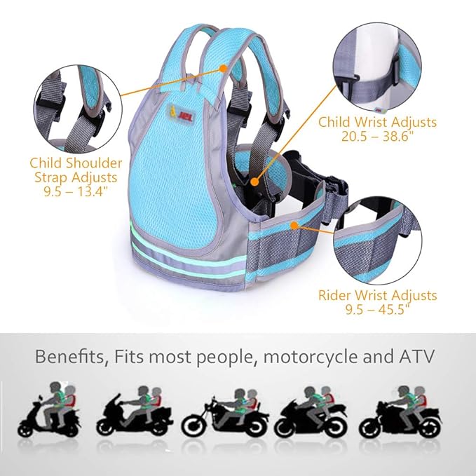 Jolik Child Motorcycle Safety Harness Reflective Strip with 4-in-1 Buckle, Breathable Material - Blue