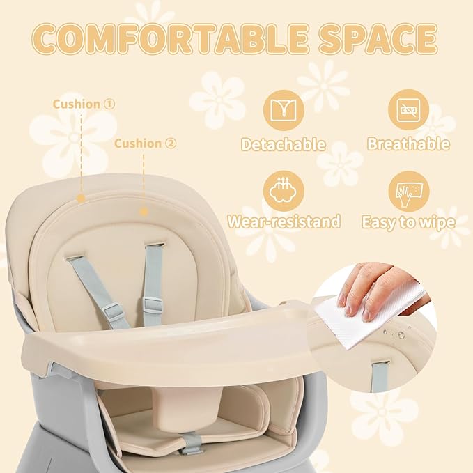 Kinder King 8 in 1 Baby High Chair, Coverts to Dining Booster Seat/Kids Table & Chair Set/Toddler Building Block Table/Kids Stool, Removable Tray & Double Seat Cover, Easy to Wipe, Grey & Coffee