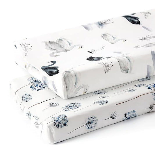 GRSSDER Stretch Ultra Soft Jersey Knit Changing Pad Cover Set 2 Pack, Change Table Pad Covers Fit 32"/34" x 16" Pads Safe and Snug, Pretty Swan/Watercolor Dandelion for Baby