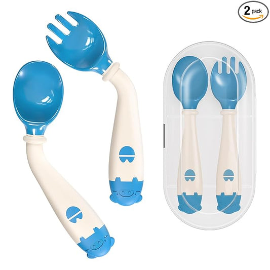 Deejoy Toddler Utensils, Self-feeding Flatware Set withTravel Case, Baby Spoons and Forks with Silicone Bendable Handle, Easy Grip Heat-Resistant, Ideal for Kids, Stage 2, Blue