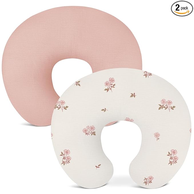 Nursing Pillow Covers 2 Pack, Muslin Nursing Cover for Breastfeeding Pillows, Comfortable for Baby Girls and Boys (Flower G & Pink)