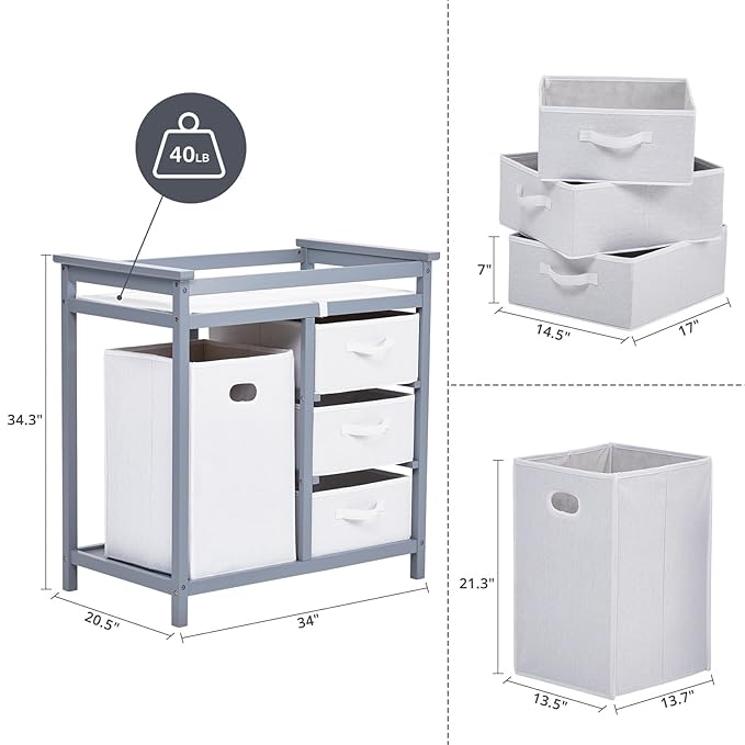 Garvee Wooden Baby Changing Table,Modern Diaper Changing Table,Infant Diaper Station Dresser with Laundry Hamper, 3 Drawer Basket- Storage Organizer for Baby Clothes, Diapers & Toys
