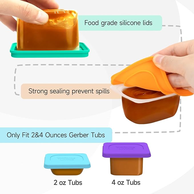 Morlike Baby Food Lids Compatible with Gerber Food Containers, Silicone Container Lid for Baby Food Storage, Reusable and Dishwasher Safe, BPA Free - Lids Only (4 Pack, 4 Color)