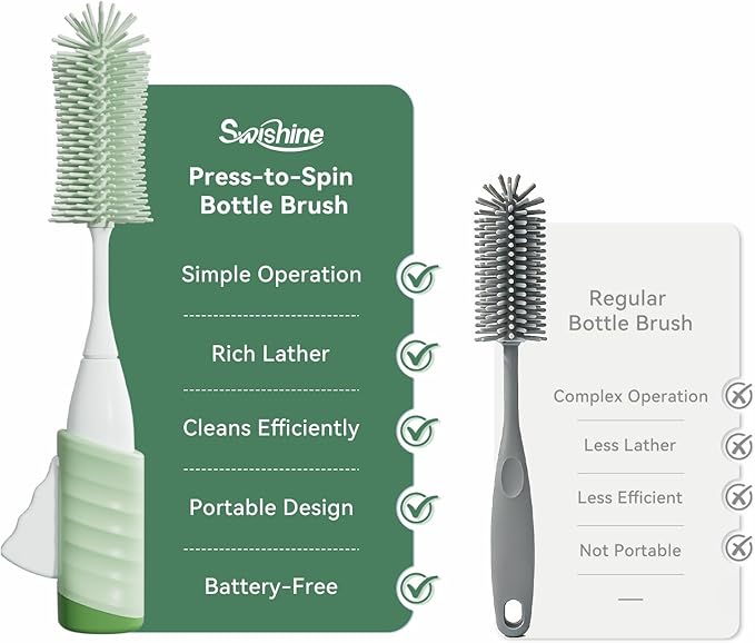 Baby Bottle Brush Set, Innovative Efficient Press-to-Spin Brush Cleaner - Includes Silicone Bottle Brush, Nipple Brush, Straw Cleaner - Spinning Generates Rich Foam for Deep Cleaning, Green