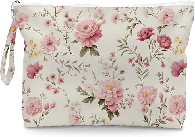 Fokongna Floral Print Wet Bag, Small Portable Waterproof Multi-Functional Organizer for Women, Cream Background Pink Floral, Ideal for Daily, Beach & Travel