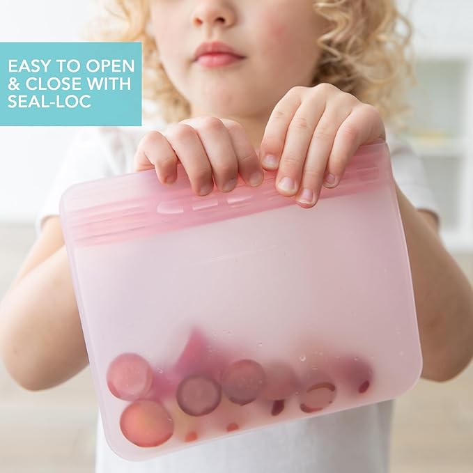 Bumkins - Silicone Bento Box & Reusable Snack Bag Set - 3 Sections & Leak-Proof Lid - Food Safe - 2 Zip Bags - Washable, Microwave, Freezer & Dishwasher Safe - 3 pack - Purple