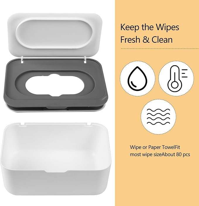 Wipes Dispenser, Wet Wipe Container Case Refillable, Wet Tissue Storage Box for Home Office Kitchen Bathroom, to Keep Wipes Fresh & Clean - White Grey