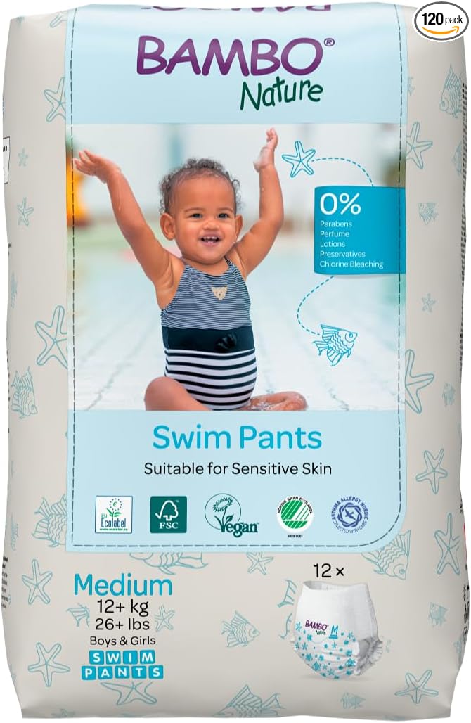 Bambo Nature Hypoallergenic Swim Pants, Eco-Labeled Swim Diapers, Double Leak Barriers - Medium (120 Count)