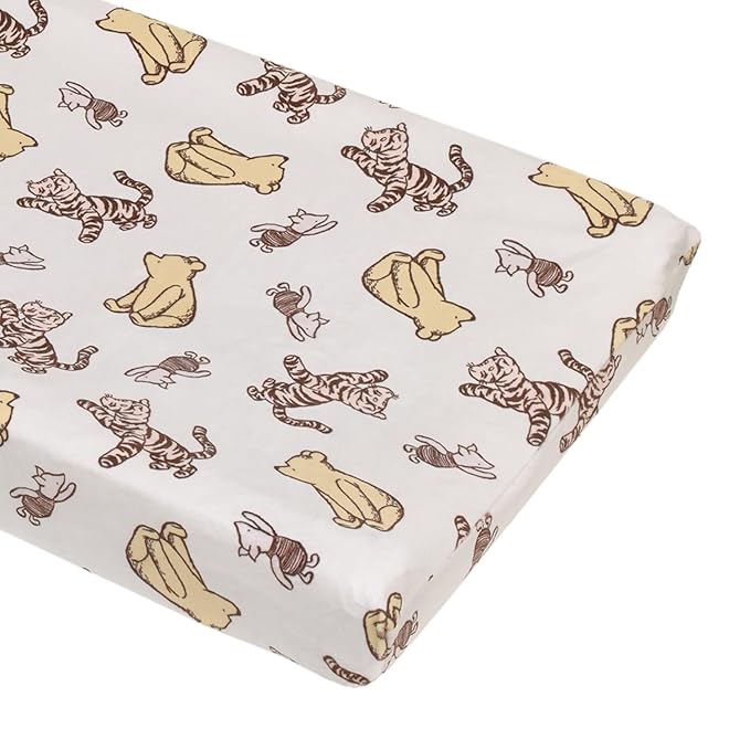 Disney Classic Pooh Hunny Fun with Piglet and Tigger White and Taupe Super Soft Changing Pad Cover