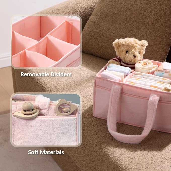 luxury little Soft Baby Diaper Caddy Organizer, Nursery Storage Basket with Removable Divider, Portable Baby Diapers Basket, Gifts for New Parent, Baby Shower (Light Pink)